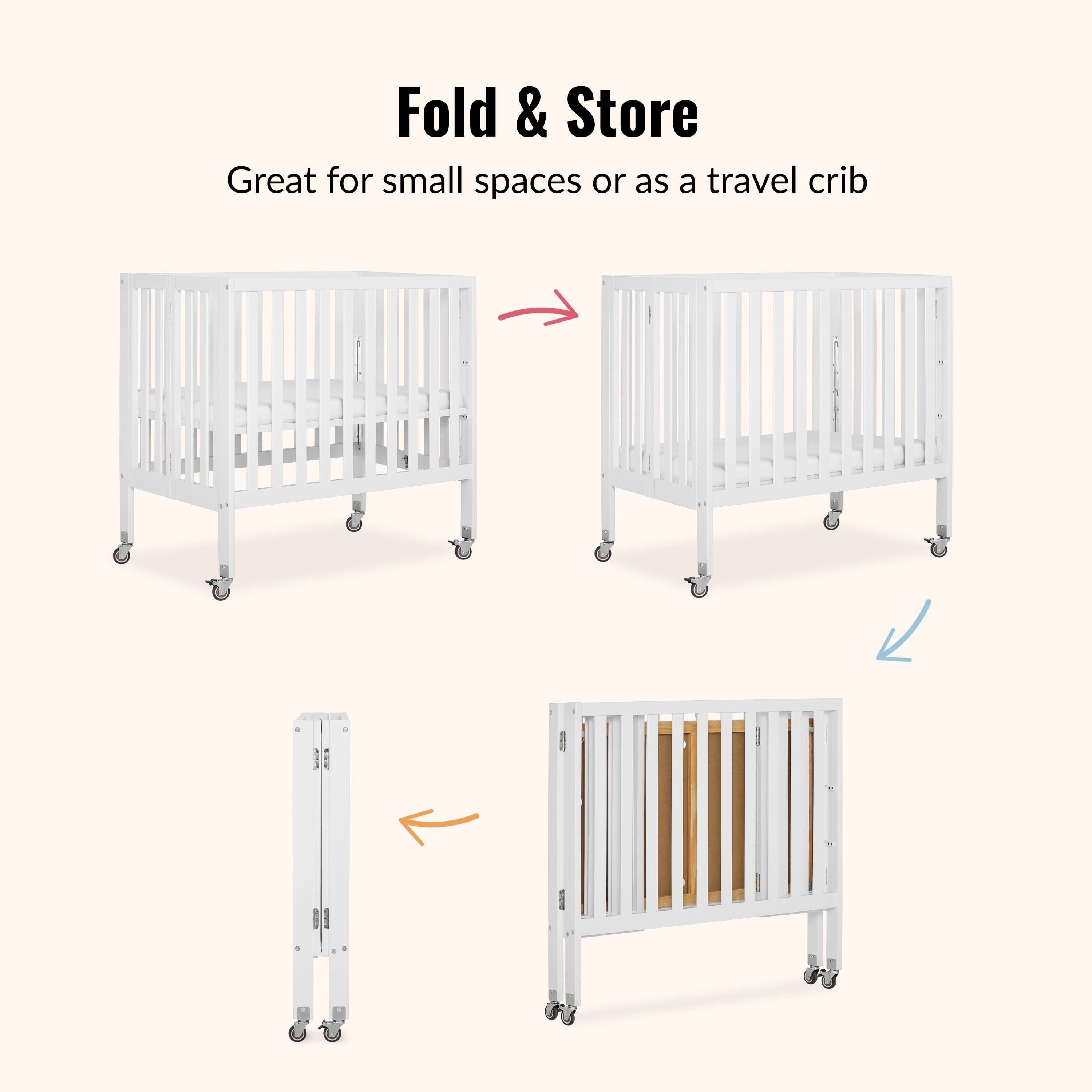 Dream On Me Jett Non-Full Size Folding Crib I Removable Wheels I Modern Nursey I Adjustable Mattress Support I Patent Folding System I Included 2.5” Mattress In White