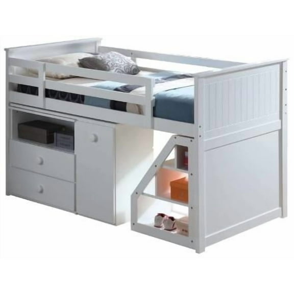 Home Roots 285857 Loft Bed with Chest, Swivel Desk & Ladder, White