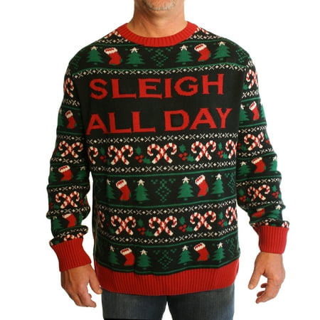 Punk Rock Ugly Christmas Sweaters Ugly Christmas Sweater Men's Big And Tall Sleigh All Day LED Light Up Sweatshirt ()