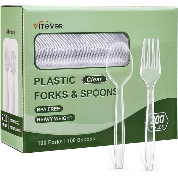 [200 Count] Disposable Plastic Silverware, Heavy Duty Plastic Forks and Spoons Set, Includes 100 Plastic Forks and 100 Plastic Spoons for Party - Clear
