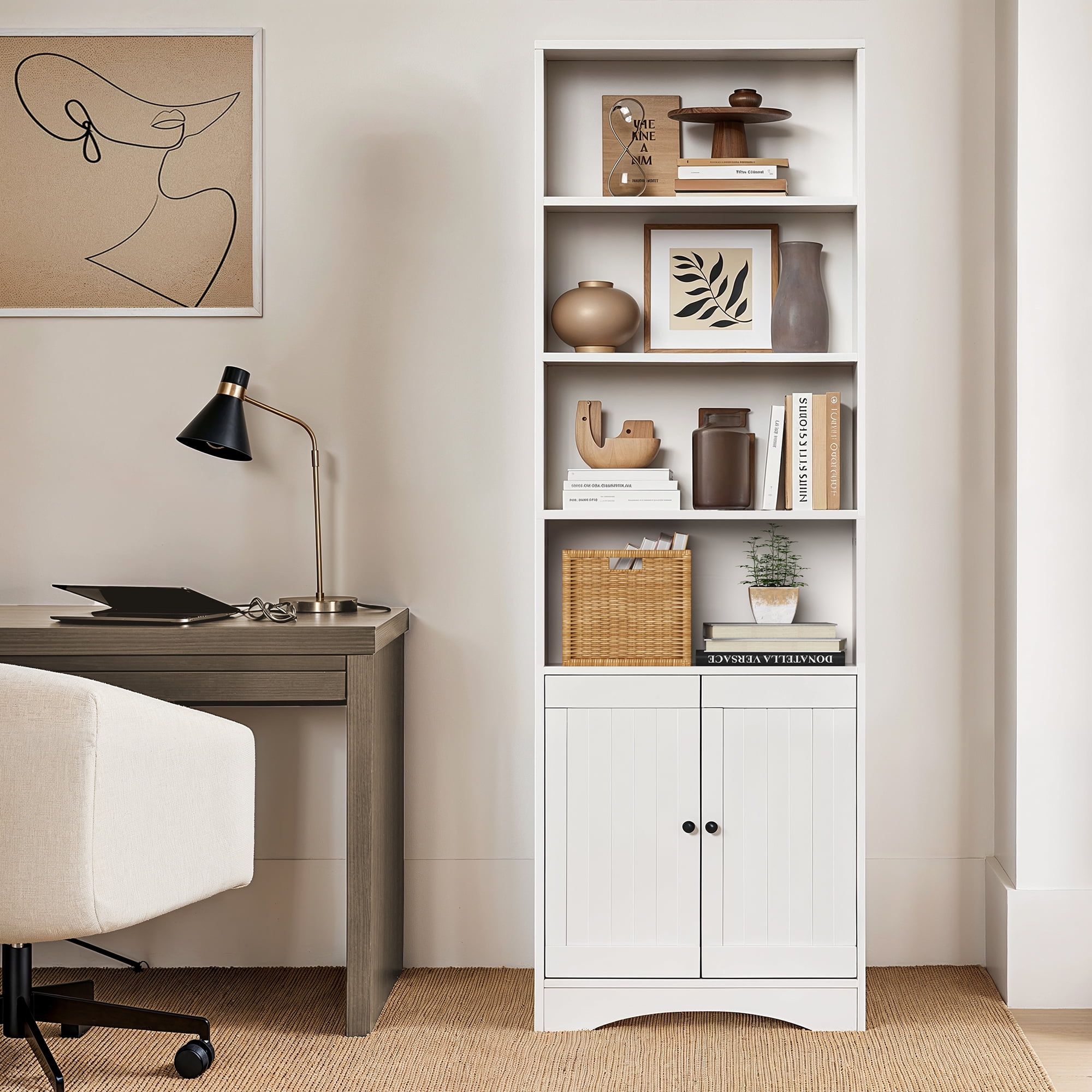 Tall Bookshelf, Lofka Bookcase with Doors , 4 Tier Storage Bookshelf for Home Office, Living Room, White