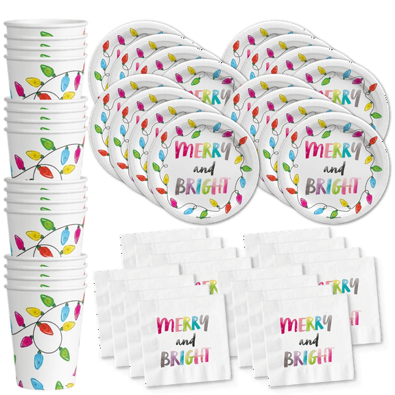 Christmas Paper Plates and Napkins - Holiday Party Supplies - Christmas Lights Tableware Set with Plates Cups and Napkins | Kit for 16