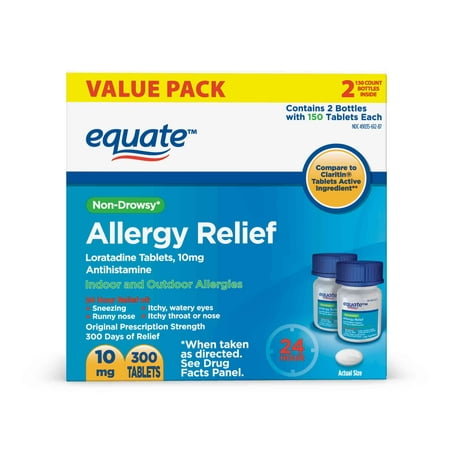 Equate 24 Hour Non-Drowsy Allergy Relief Loratadine Tablets 10mg, 300