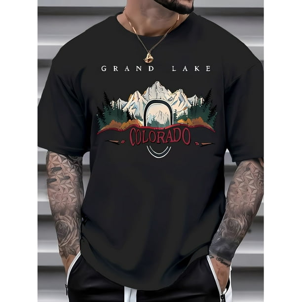 Men's Summer Casual T-Shirt with Unique Mountain Print - Soft Polyester & Spandex Blend, Crew Neck, Short Sleeve, Machine Washable