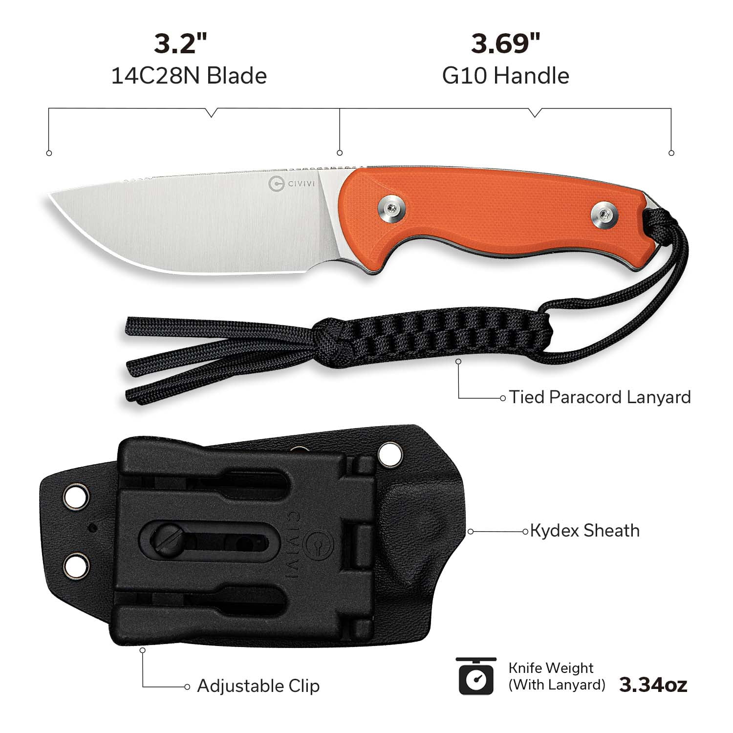 CIVIVI Timberbark Hunting Knife Fixed Blade Knife with Kydex Sheath, 3.2" 14C28N Blade G10 Handle with Lanyard C23094-2, Orange