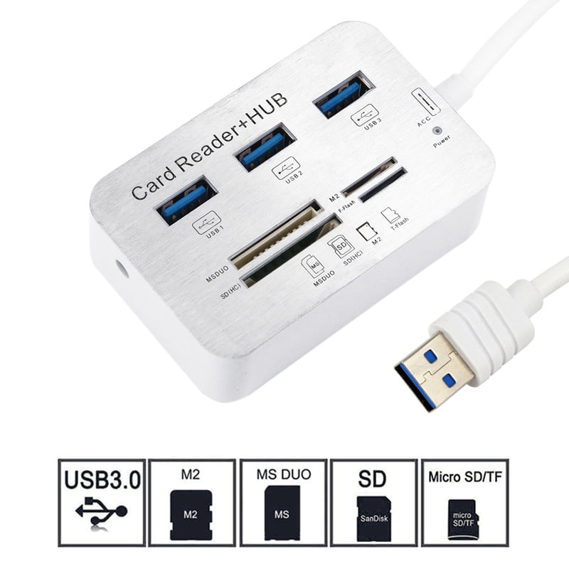 3 Port Aluminum USB 3.0 Hub With MS SD M2 TF Multi-In-1 Card Reader Portable US 