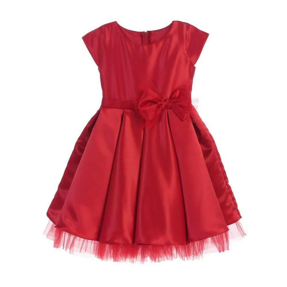 Sweet Kids Big Girls Red Satin Full Pleated Bow Accent Christmas Dress 12
