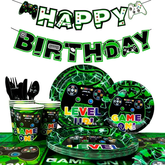 Video Game Party Supplies,128pcs Video Game Party Tableware Set - Video Game Plates and Napkins,Cups Table Cloth&Game Birthday Decorations Banner