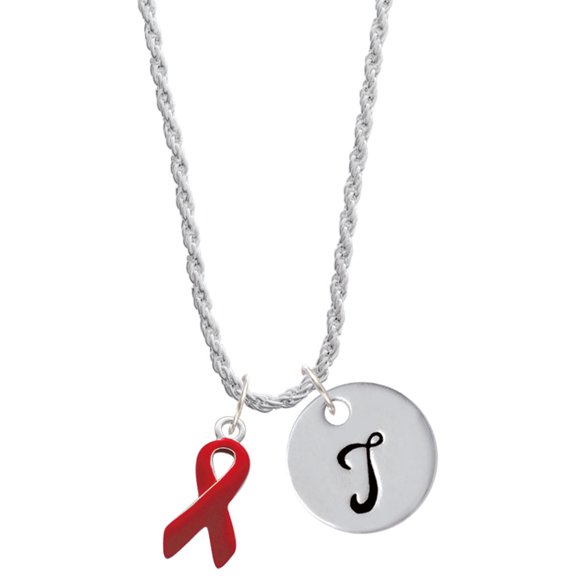 Delight Jewelry Silvertone Red Ribbon Silvertone Script Initial Disc - T - Charm Necklace, 20"+3"