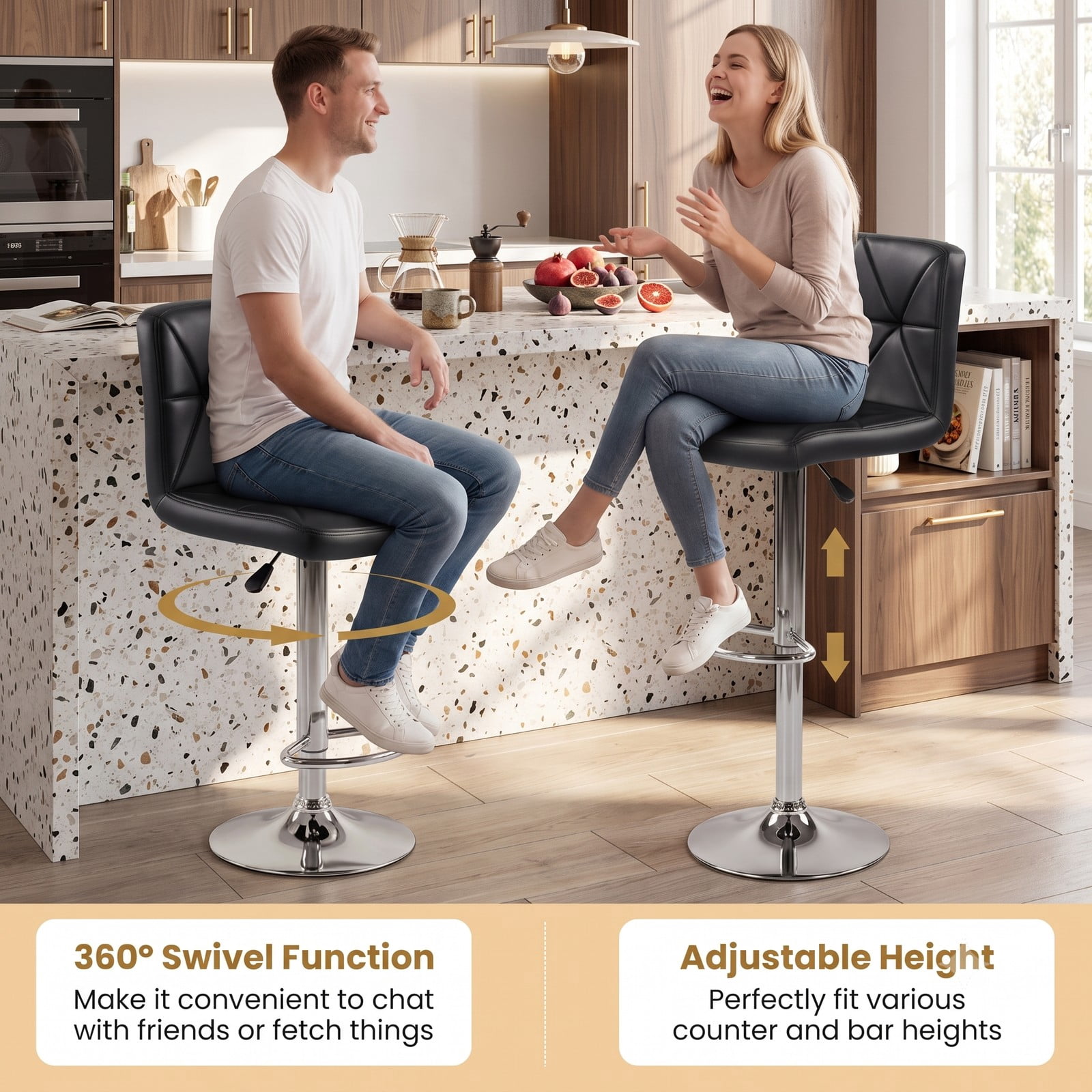 Furnibear Adjustable Swivel Bar Stools Set of 2 with Backrest and Footrest, 360 Degree Swivel Counter Height Barstools, Faux Leather Padded Seat Metal Bar, Black