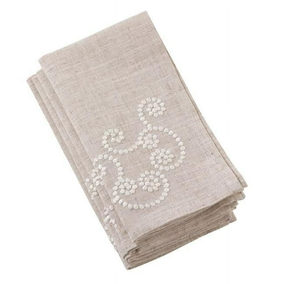 Saro Lifestyle Embroidered Swirl Design Natural Linen Blend Napkin - Set of 4