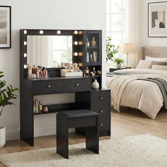 TOKSOM Black Makeup Vanity Desk with Lighted Mirror & Charging Station, Vanity Table with Transparent Acrylic Cabinet, 5 Drawers Dressing Table Set with Stool for Bedroom