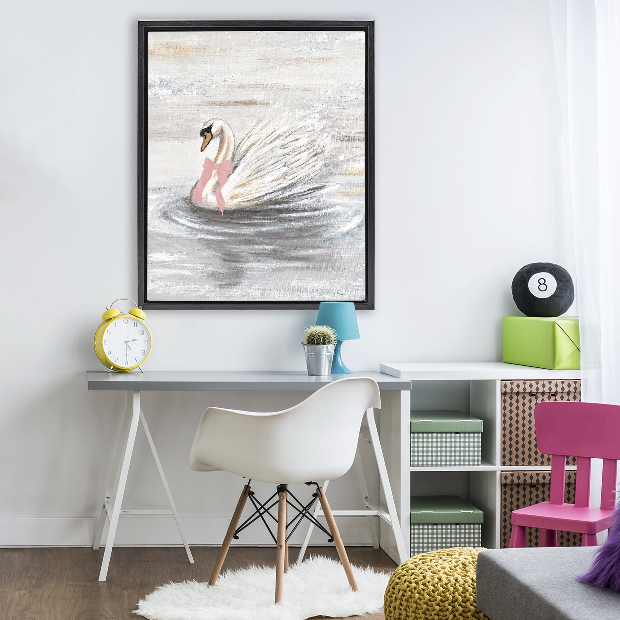 Stupell Industries Swan With Pink Bow & Ripples Black Framed Floater Canvas Wall Art, design by Patricia Pinto