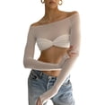 thumbnail image 3 of Douhoow Women Off Shoulder T-Shirts See Through Tee Long Sleeve Slim Fit Tops, 3 of 9