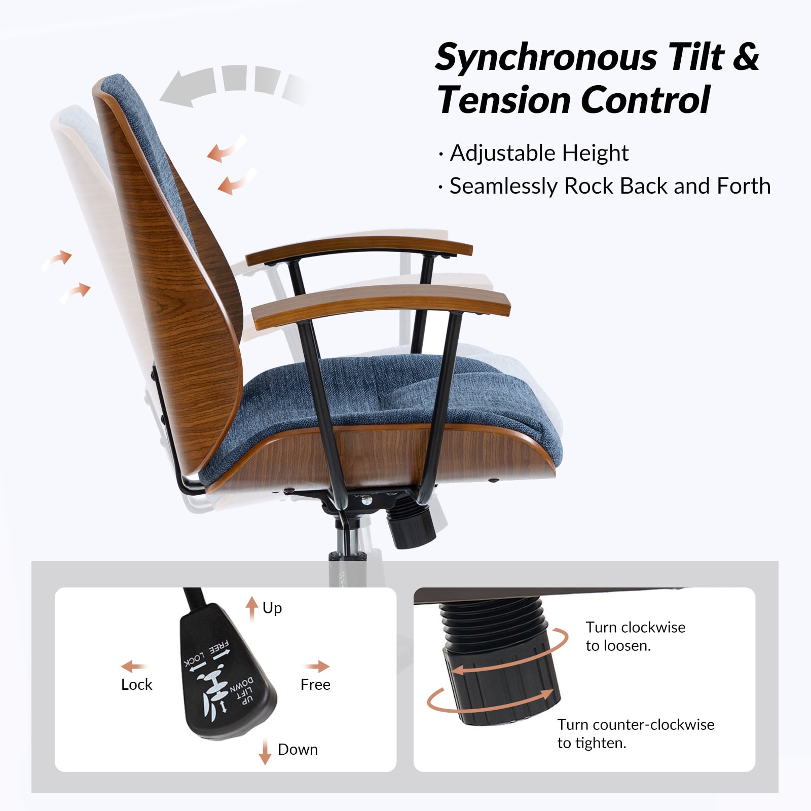 Ergonomic Adjustable Swivel Office Chair with Solid Wood Backrest and Premium Comfort Navy Cushion for Home Workplace