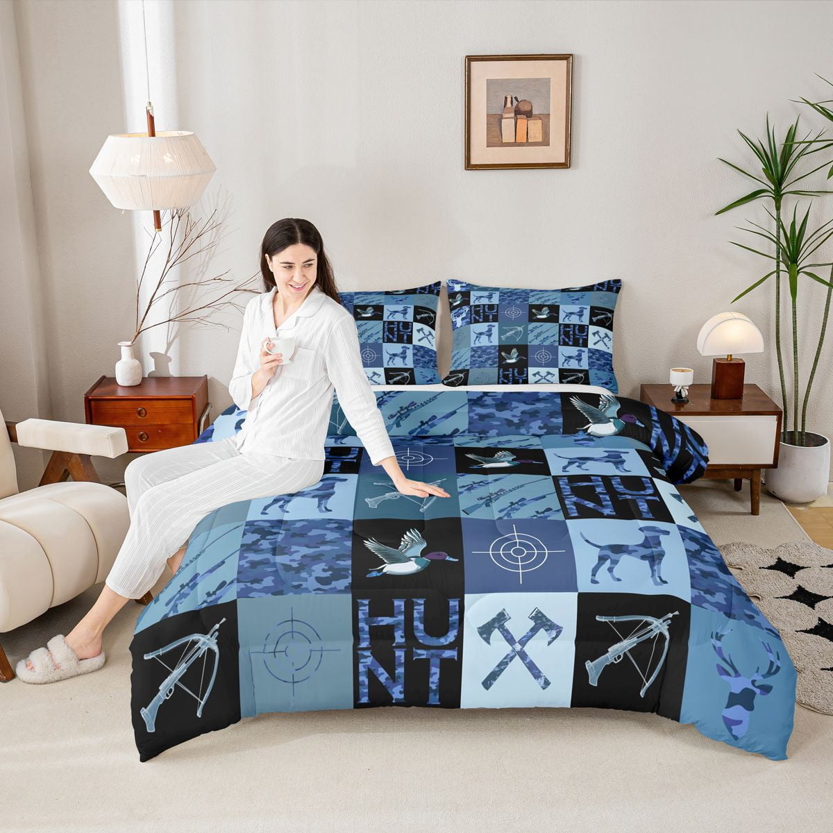 Manfei Farmhouse Dog Duck Queen Comforter Set, Hunting Wildlife Bedding Sets, Blue Rustic Camouflage Reversible Bedding Comforter Set, Lightweight Room Decor, 3-Piece
