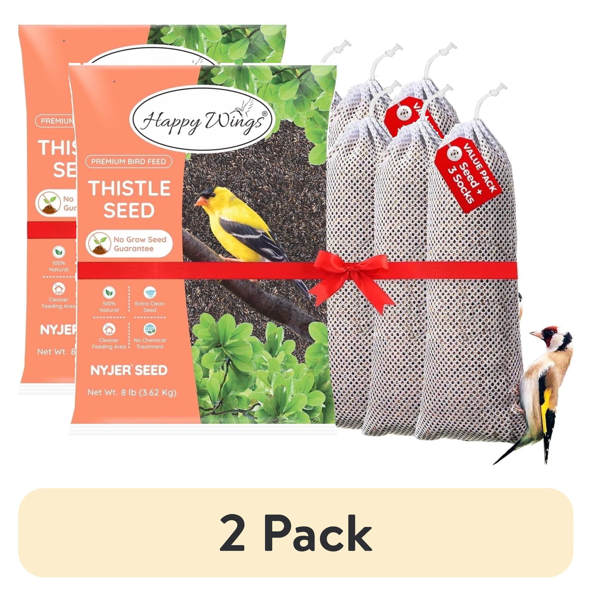 (2 pack) Happy Wings 8lbs No Grow Nyjer Seed Bird Food & 3 Empty Sock Feeders for Wild Bird Seed - Dry