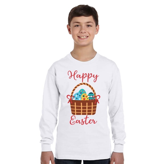 Happy Easter Basket Long Sleeve Shirts for Kids - Youth XS S M L XL - Happy Easter Holiday Christian Tee for Boys for Girls