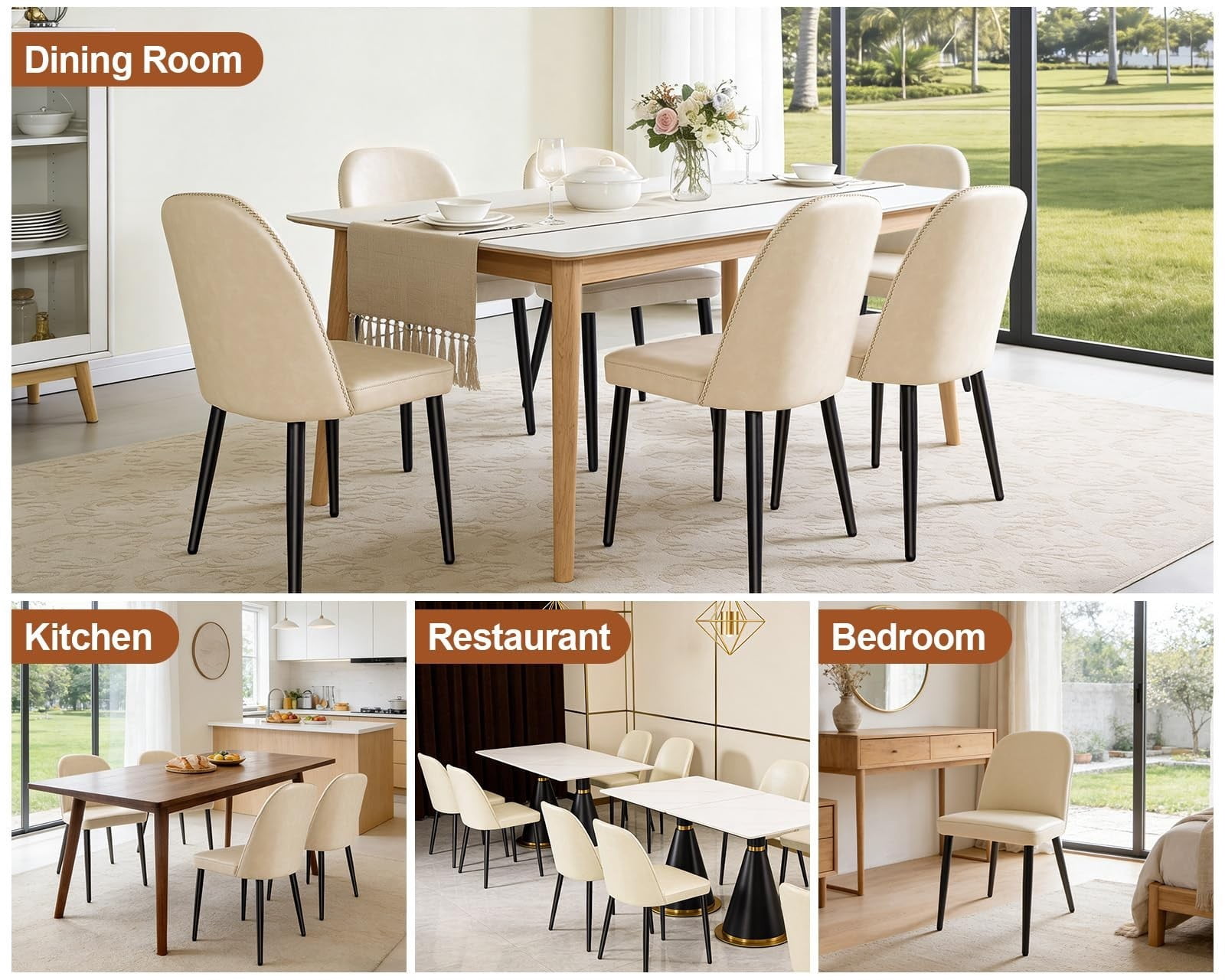 Beige Leather Dining Chairs Set of 2, Modern Upholstered Armless Kitchen Chairs with Metal Legs, Ergonomic Side Chairs for Dining Room, Restaurant, Living Room & Meeting Room