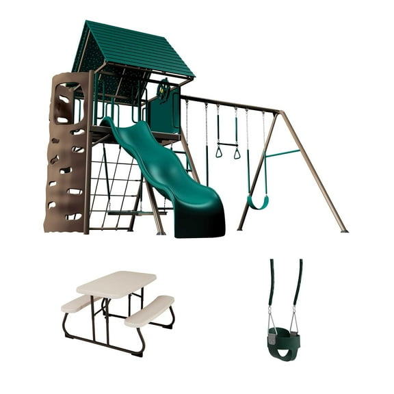 Lifetime Kid's Big Stuff Swing Set with Toddler Bucket Swing and Kid's Almond Picnic Table (91109)
