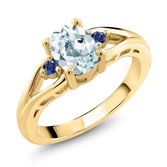 Gem Stone King 18K Yellow Gold Plated Silver Sky Blue Aquamarine and Blue Created Sapphire 3 Stone Engagement Ring for Women | 1.29 Cttw | Oval 8X6MM | Round 2MM | Gemstone March Birthstone | Size 9