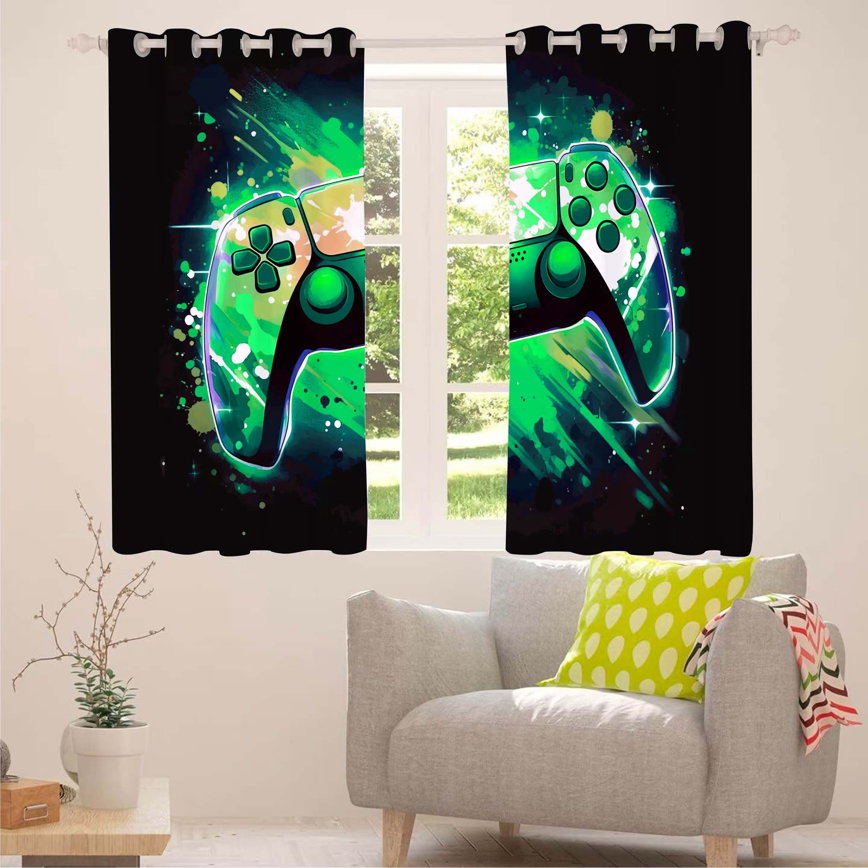 Psoiuetr Gamepad Blackout Curtains Teens Boys Kids Gaming Video Game Room Bedroom Living Room Decor Darkening Window Treatments Drapes Grommet Green 2 Panel 52" W x 63" L
