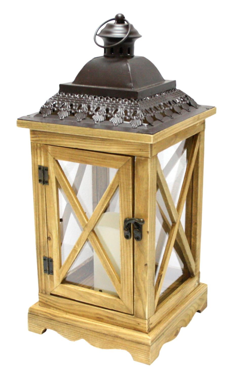 17.5" Rustic Wooden Lantern with Brown Metal Top and LED Flameless