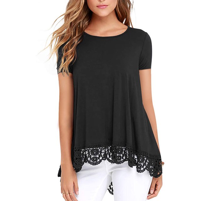 Camiseta de mujer Jumpingount Color sólido Suelta Top básico Encaje Dobladillo hueco Manga corta Blusa de cuello Negro AP003619-02