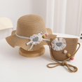 thumbnail image 4 of Sombrero de paja de verano para niños con circunferencia de 52 a 54 cm, sombrero de playa con estampado de cuadros y bolsa de paja, 4 of 5