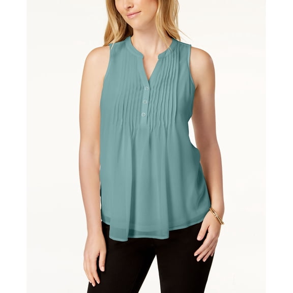Charter Club Petite Pleated Button Neck Top Tulum Blue PXL