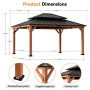 Modern Shade 13'x15' Rosewood Wood Gazebo Cedar Wood Framed Double Steel Roof for Garden Backyard
