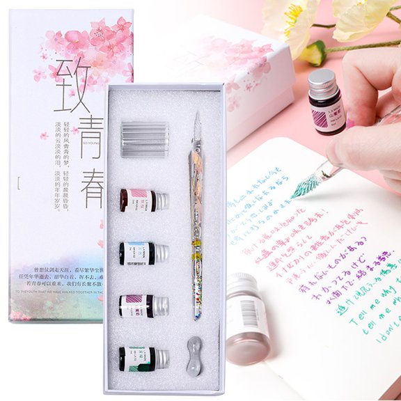 PPKVUFD Glass Dip Pen Calligraphy Fountain Pen Set - 4 Colors Ink Glass Washing Cup Pen Holder Handmade Rainbow Crystal Glass Ink Pen for Art Writing Drawing Signatures Christmas Gifts