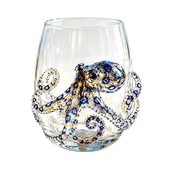 Artisanal Blue Ringed Octopus Glassware, 3D Octopuses Stemless Wine Glasses, Handcrafted Marine Animal Bar Glass