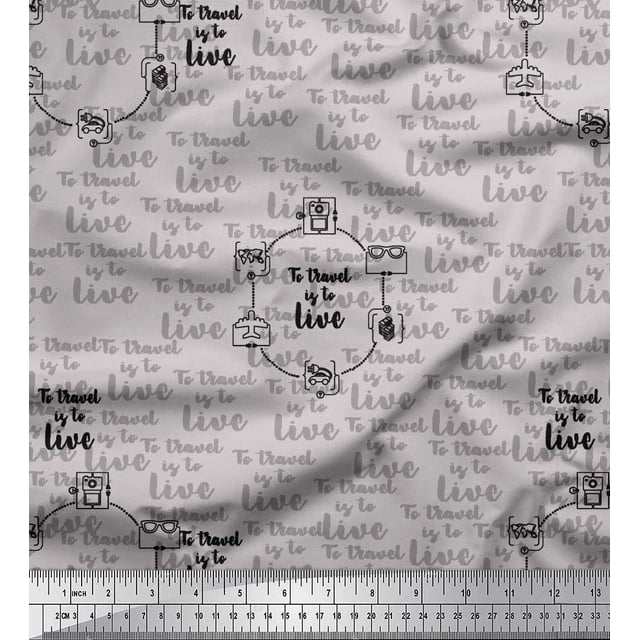 Soimoi Grey Crepe Silk Fabric To Travel Is To Live Text Print Fabric by Yard 42 Inch Wide