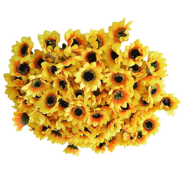 Decoración para el hogar, la boda y el jardín: flores de tela para manualidades y arte, perfectas para novias, 100 cabezas de girasol de seda, 1,8 pulgadas, amarillo brillante