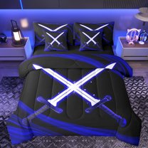 Homewish Neon Blue Lightsaber Bedding Comforter Set 7 Pieces, Futuristic Stripes Full Bedding Set, Teens Kids Boys Girls Reversible Fitted Sheet Flat Sheet, Super Cozy Room Decor