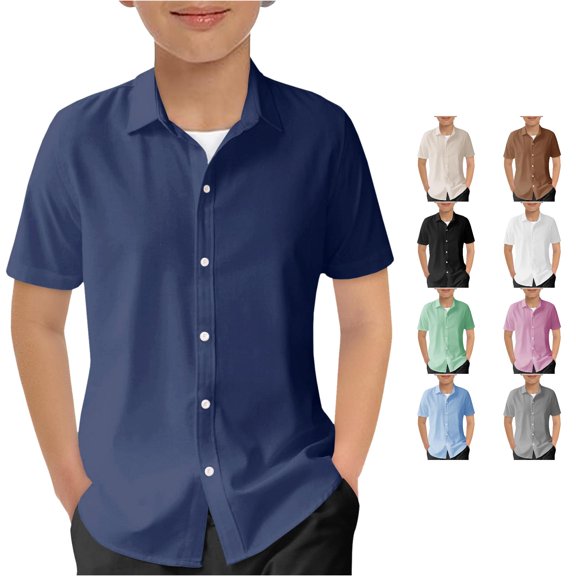 HCYSFG Boys Solid Color Shirt Button Front Notch Neck Short Sleeve Regular Fit Classic School Uniform Top Summer Dress Tees