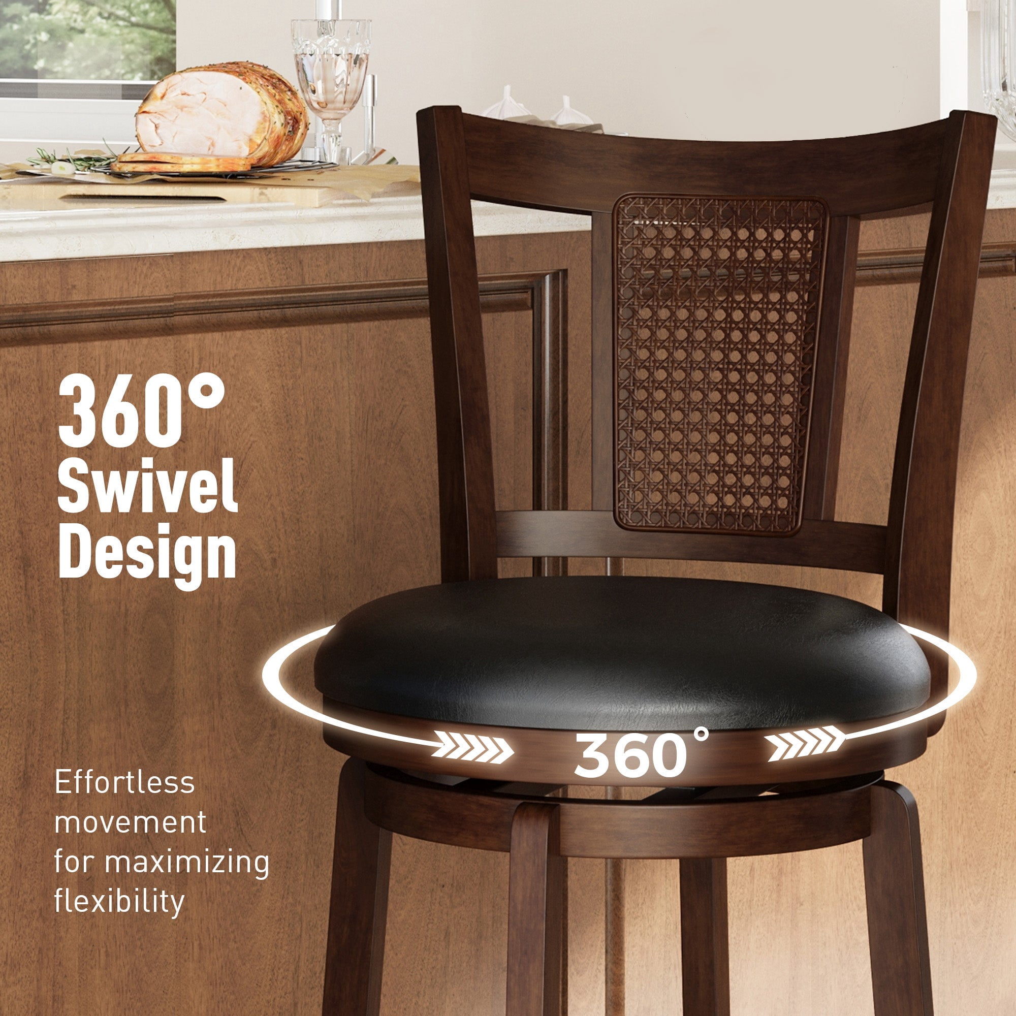 Sophia & William 30" Swivel Bar Stools Set of 2, Faux Leather Swivel Counter Height Stools with Curved Mesh Back for Kitchen Island, Black