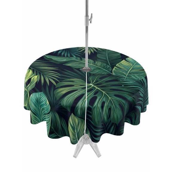 Outdoor Tablecloth with Umbrella Hole for Patio/Picnic/Party/Camping, Tropical Plants Waterproof Table Cloth Round Cover Washable, Summer Watercolor Green Palm Leaves (Dia 54")