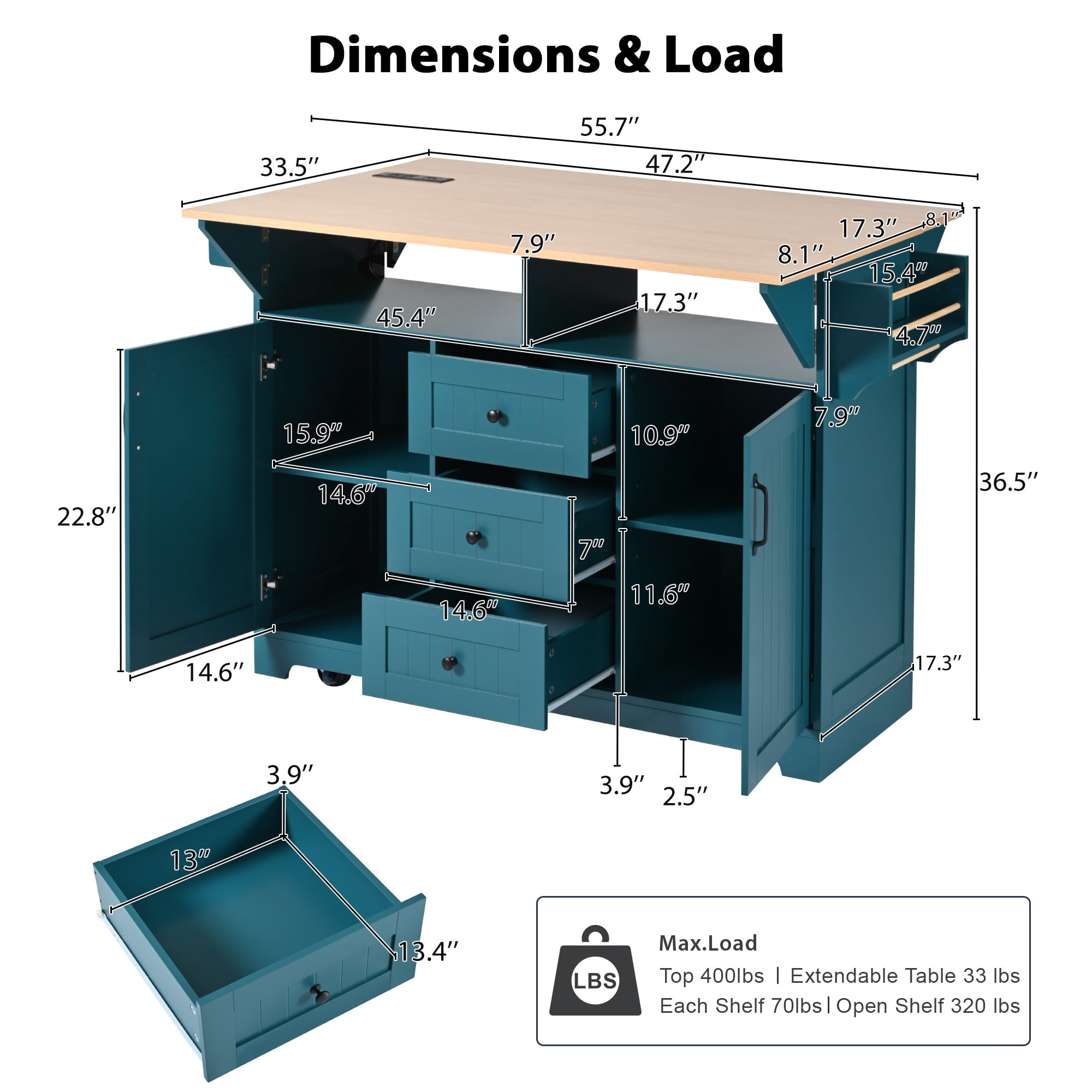 Large Kitchen Island with 2 Drop Leaf for Kitchen and Dining Room, Rolling Kitchen Cart on 5 Wheels with Power Outlet,55.7'' x(17.3”~33.5”)x36.5” Green