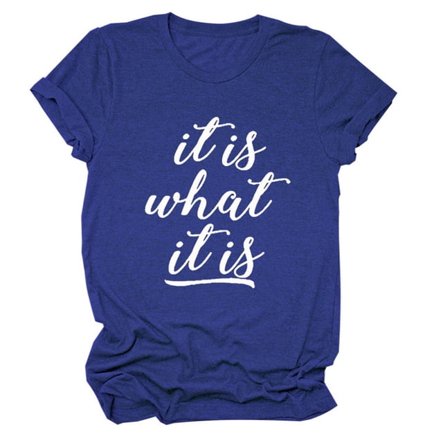 Camisa holgada con estampado de letras blancas para mujer: camiseta informal de manga corta, top vintage azul de verano