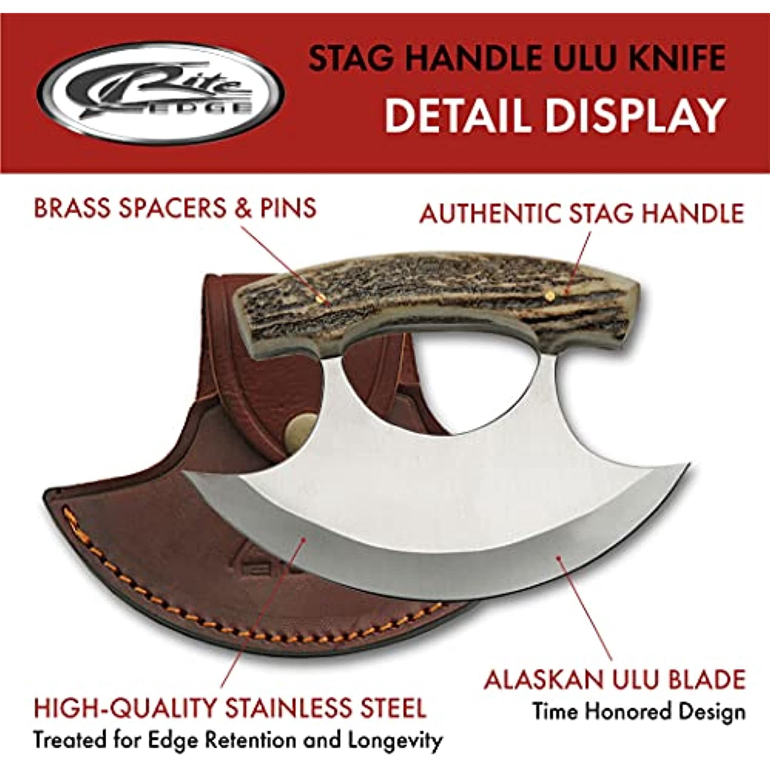 SZCO 5.5" Ulu Knife with Stag Handle and Stainless Steel Blade, Includes Leather Sheath Multi-Purpose Outdoor & Kitchen Tool