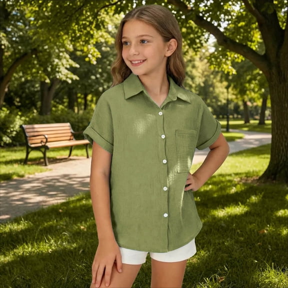 EliteGoogv Big Boys Girls Unisex T-shirt Short Sleeve Collared Tee Tops Solid Color Stretchy Breathable Blouses Outdoor Playwear Summer Fall Casual Tops,Green,11-12 Years