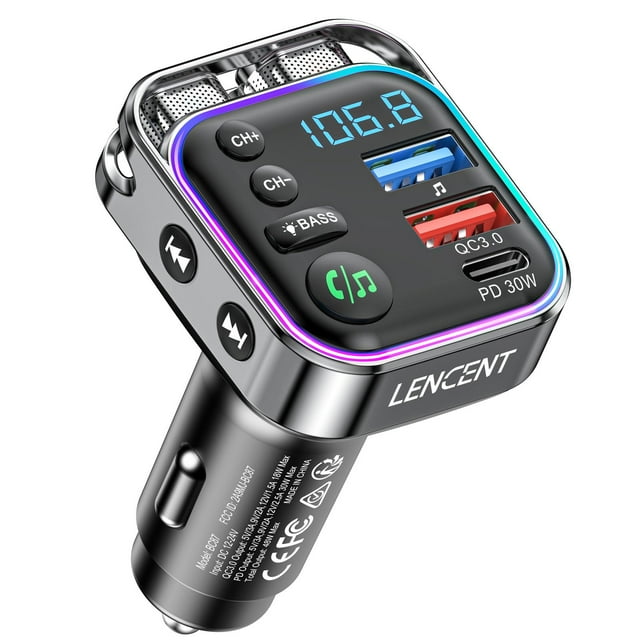 Transmisor FM LENCENT Bluetooth 5.3 Adaptador de coche con cargador de 48 W