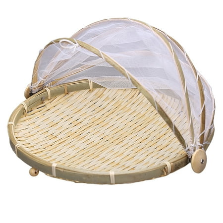 

1Pc Hand Woven Bug Proof Basket Handmade Fruit Vegetable Bread Cover Bamboo Basket With Gauze Dustproof Picnic Basket (Khaki Siz