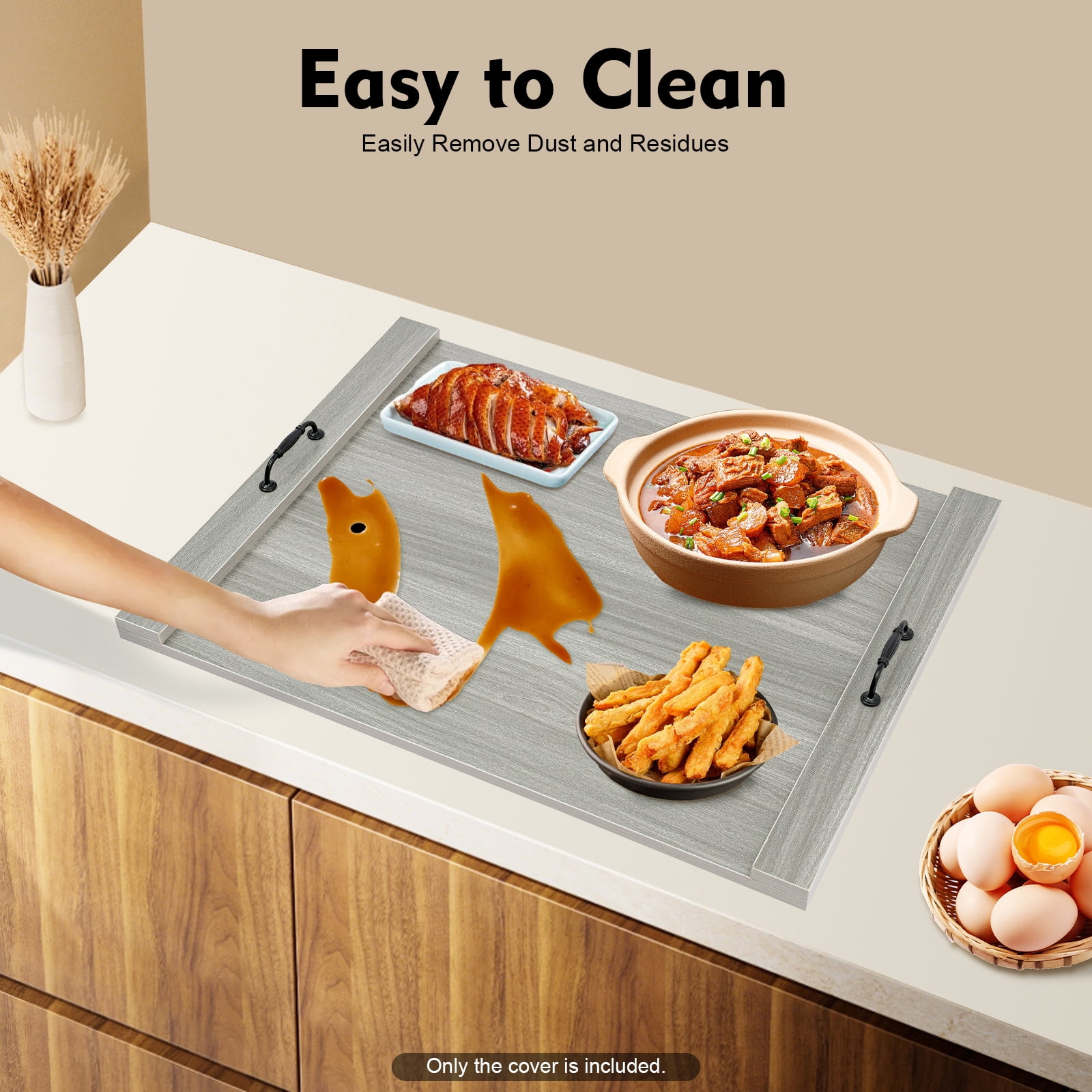 Stove Top Cover for Gas & Electric Stoves, 30"x22" Wood Noodle Board with Handles, Grey Melamine Countertop Extender for Kitchen Sink, RV, Apartment, Cutting Board Serving Tray
