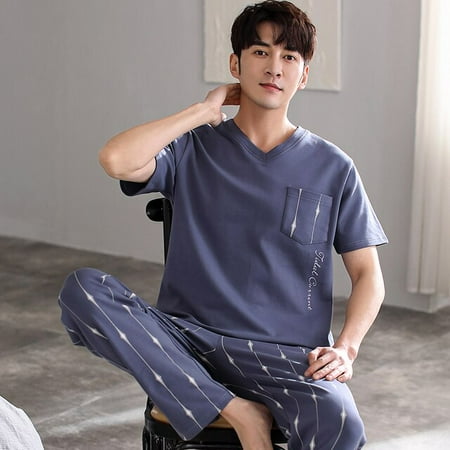 

PIKADINGNIS Mens Pajamas Set Spring Summer Leisure Elastic Waist Men Sleepwear Set Long Pant Cotton Mens Short Sleeve V-neck Nightwear