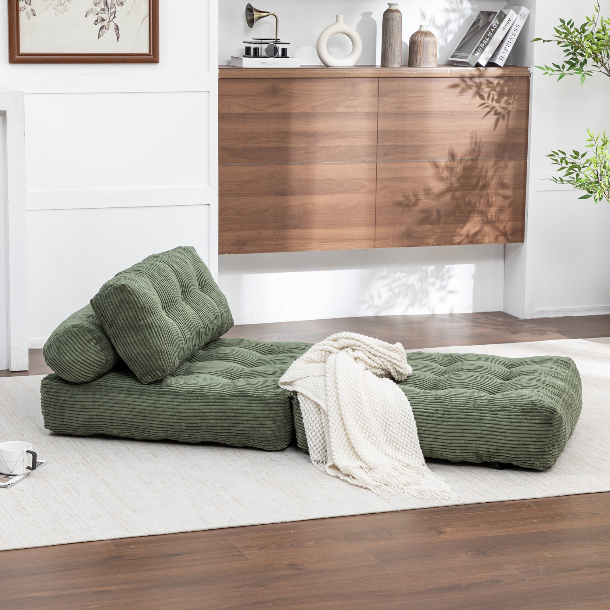 Convertible Folding Sofa Bed with Pillow and Lumbar Support, Foldable Sleeper Chair and Floor Mattress for Living Room and Guest Room, Green Corduroy