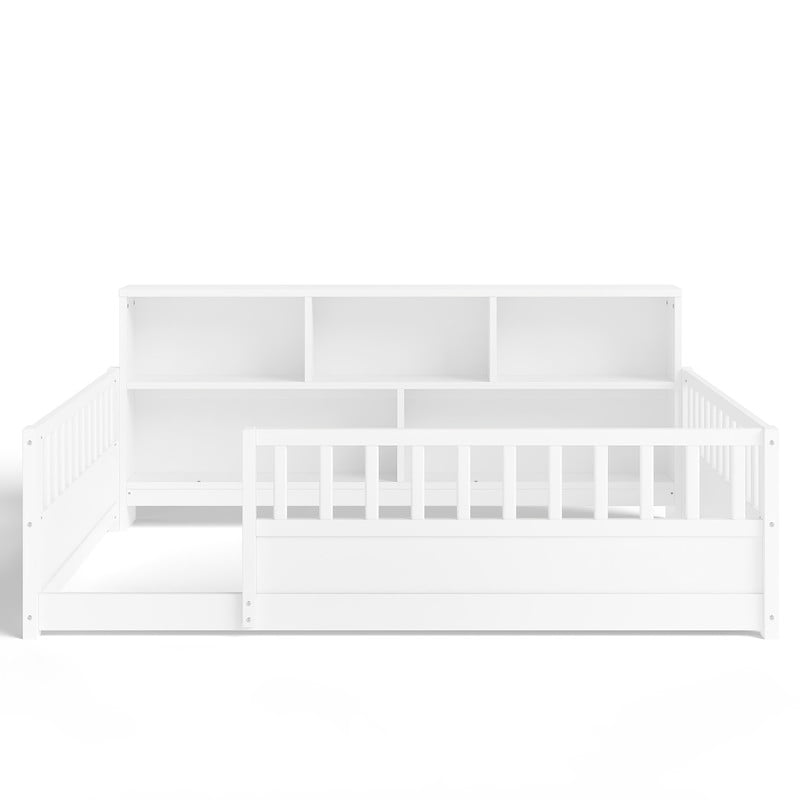 Bellemave Full Montessori Bed with Storage Shelves, Wood Floor Bed with High Rail and Bookcase, Easy Assemble Full Size Beds Frame(White)