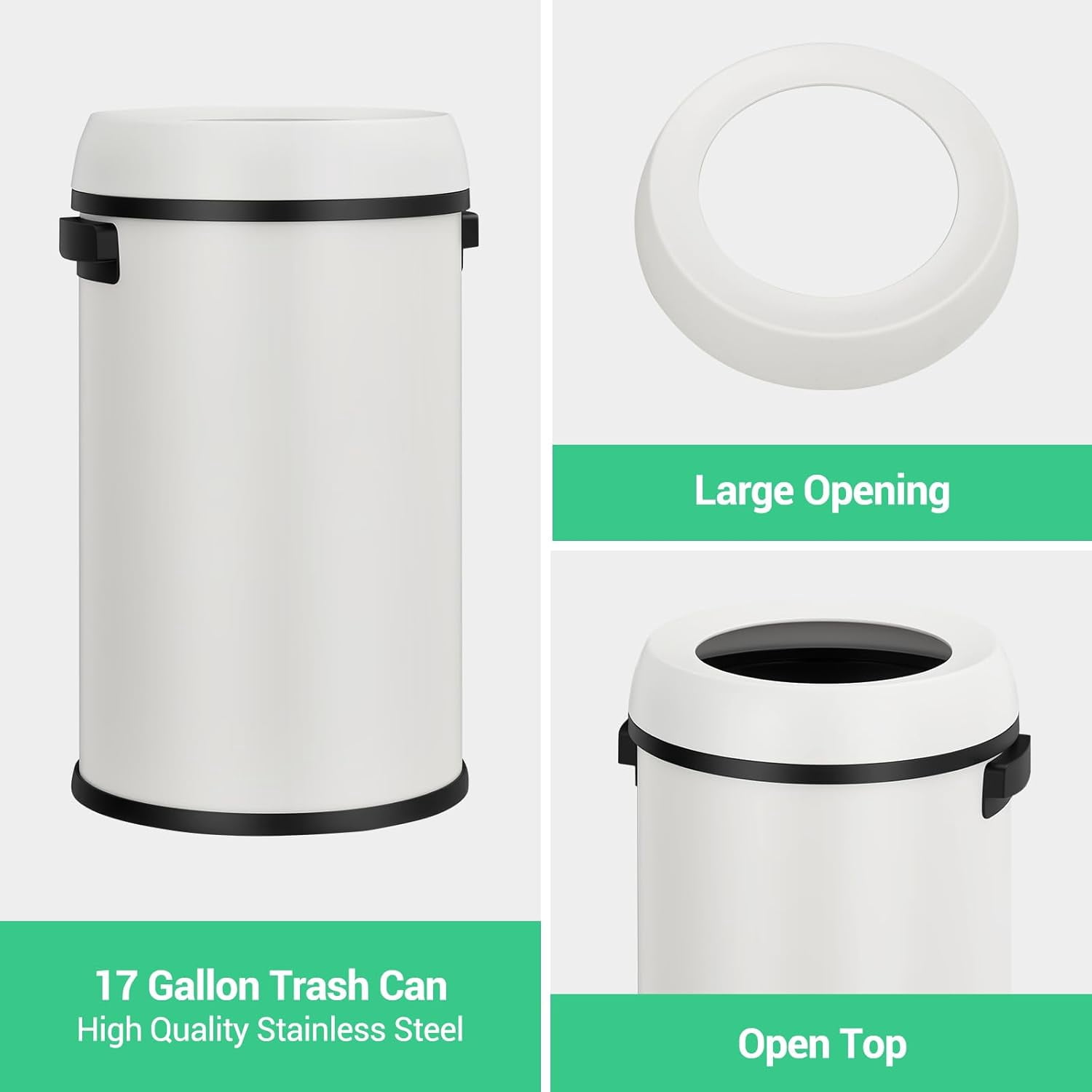 Garvee 17 Gallon Stainless Steel Round Trash Can with Open Lid, Fingerprint-Proof, Removable Inner Liner for Kitchen, Office, Living Room, or Bathroom, White